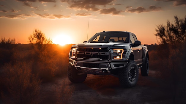 Ein ford f - 150 Truck fährt durch einen Sonnenuntergang