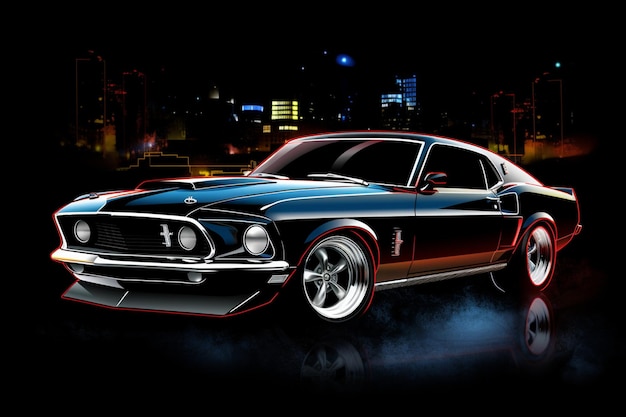 Ein Ford Mustang-Auto steht auf einem dunklen Hintergrund.