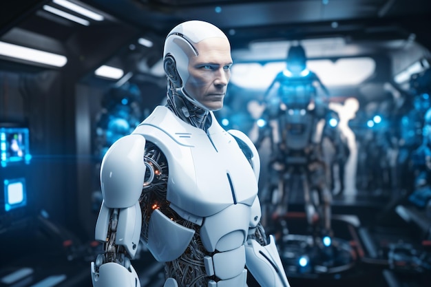 Ein fortschrittlicher humanoider Roboter mit künstlicher Intelligenz führt Experimente auf einem holografischen Bildschirm durch