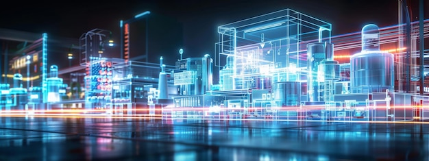 Ein fortschrittliches industrielles Internet der Dinge (IIoT) Smart Factory-Konzept, das einen abstrakten 3D-Hologram zeigt