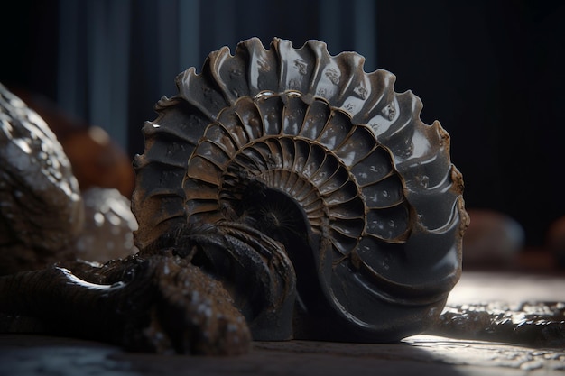 Ein Fossil eines Nautilus mit dem Wort Fibonacci auf der Unterseite.