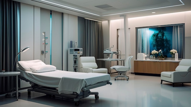 Ein Foto, das das elegante und moderne Erscheinungsbild eines minimalistischen Aufwachraums im Krankenhaus einfängt