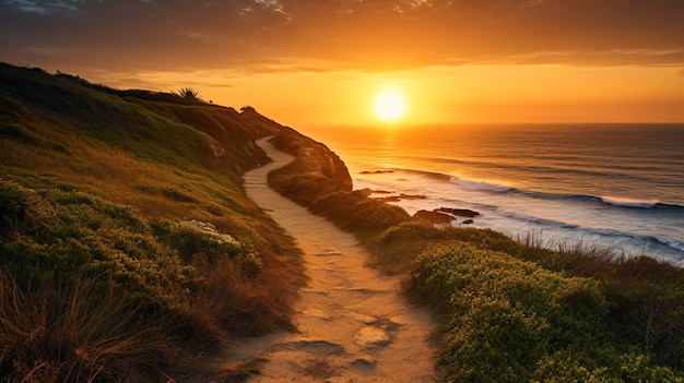 Ein Foto, das das warme goldene Licht eines Sonnenuntergangs am Strand zeigt, der einen Küstenweg beleuchtet