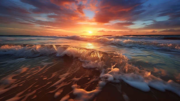 Ein Foto, das die komplizierten Muster zeigt, die von den Wellen während eines Sonnenuntergangs am Strand erzeugt werden