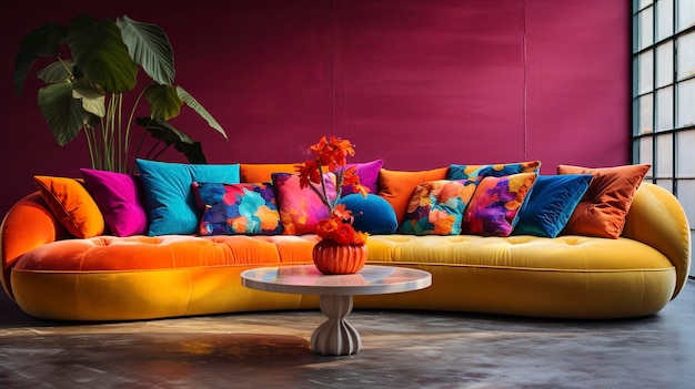 Ein Foto, das die lebendigen Farben und den Komfort eines Lounge-Sofas mit weichen Kissen darstellt