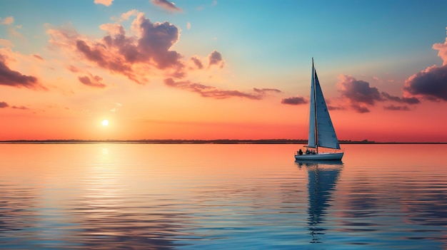 Ein Foto, das die Ruhe eines Sonnenuntergangs am Strand zeigt, während ein Segelboot schweigend über das Wasser gleitet