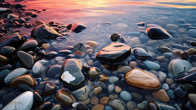 Ein Foto, das die subtilen Farben und Muster eines Sonnenuntergangs am Strand auf nassen Felsen widerspiegelt