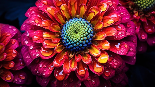 Ein Foto, das die Texturen und Muster einer Zinniablume mit ihren bunten Blütenblättern zeigt