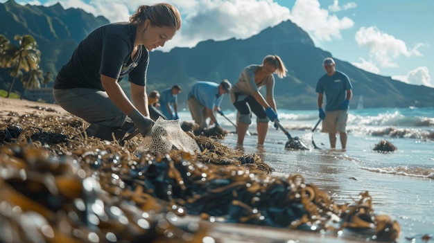 Foto ein foto, das eine gruppe von meeresbiologen und freiwilligen aufzeichnet, die einen strand säubern oder rehabilitierte meereslebewesen wieder in den ozean freilassen, um die bemühungen zur erhaltung der meeresökosysteme hervorzuheben