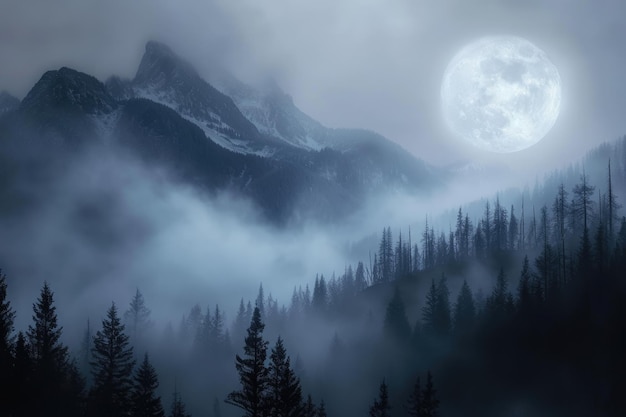 Ein Foto, das einen nebligen Berg aufnimmt, der von einem Vollmond am Nachthimmel beleuchtet wird, eine neblige Bergkette unter dem Vollmond, generiert von KI