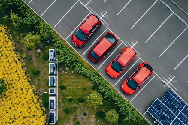 Ein Foto, das einen Parkplatz zeigt, der mit geparkten Autos gefüllt ist, die in ordentlichen Reihen angeordnet sind.