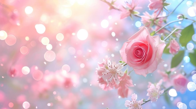 Ein Foto, das niedliche Rosen und Frühlingsblumen in einem verspielten Flug vor einem pastellfarbenen Bokeh-Hintergrund einfängt und eine Symphonie der Frühlingsfreude zaubert