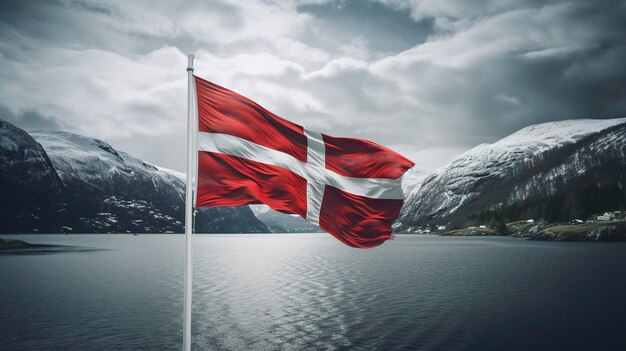 Ein Foto der norwegischen Flagge vor dem Hintergrund eines bewölkten Himmels