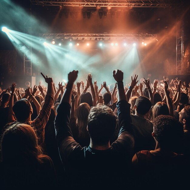 Ein Foto der Rückansicht des Publikums mit erhobenen Armen vor der Bühne bei einem Musikkonzert