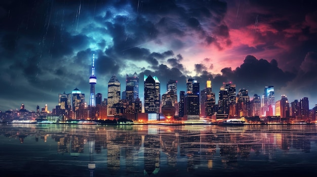 Foto ein foto der skyline einer stadt bei nacht mit bunten neonlichtern