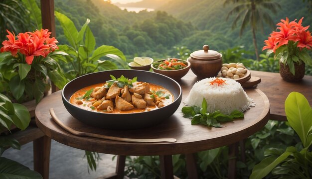 Ein Foto des Chicken and Cashew Red Curry mit Reis und Kräutern, das auf einem malerischen Außenplatz serviert wird