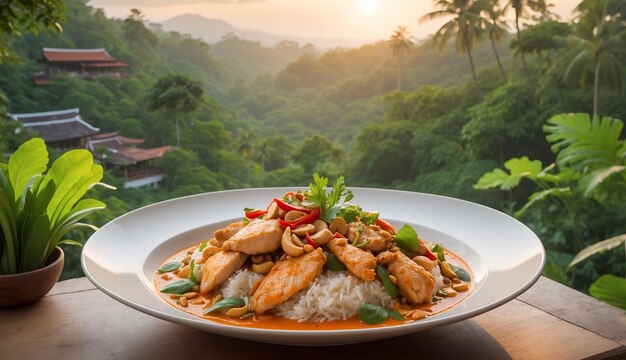 Ein Foto des Chicken and Cashew Red Curry mit Reis und Kräutern, das auf einem malerischen Außenplatz serviert wird