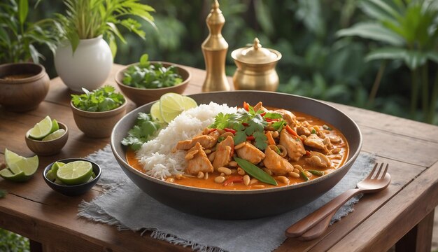 Ein Foto des Chicken and Cashew Red Curry mit Reis und Kräutern, das auf einem malerischen Außenplatz serviert wird