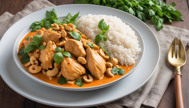 Ein Foto des Hühner- und Cashew-Roten Curry mit Reis und Kräutern, ein Thai-inspiriertes Gericht, wunderschön