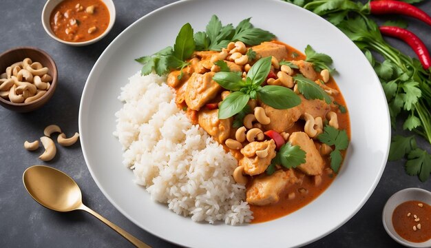 Ein Foto des Hühner- und Cashew-Roten Curry mit Reis und Kräutern, Thai-inspiriertes Gericht wunderschön