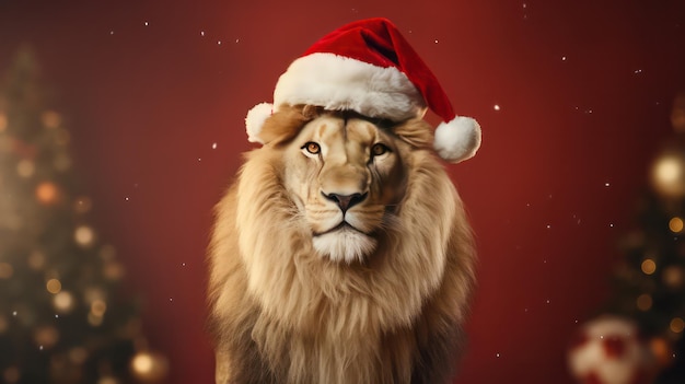 Ein Foto des König der Löwen, der zur Weihnachtsfeier ein Weihnachtsmannkostüm und einen Hut trägt