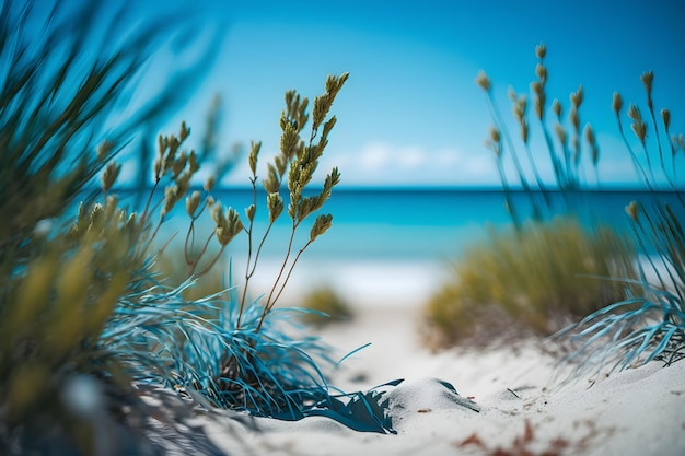 Ein Foto des Strandes mit dem blauen Ozean im Hintergrund.