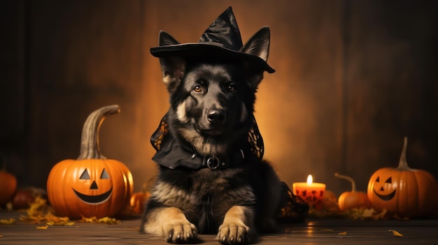 ein Foto des süßen Deutschen Schäferhundes, der einen Hexenhut für Halloween-Feiern verwendet