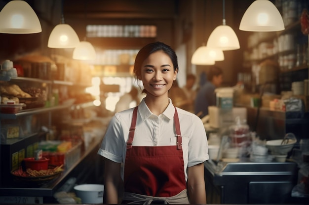 Ein Foto einer asiatischen Ladenangestellten, die lächelt. Einzelhandelsgeschäft, Lebensmittelgeschäft, Bäckerei, Apotheke. Dame mit Schürze, die auf dem Markt arbeitet