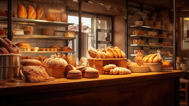 Ein Foto einer Bäckerei mit frisch gebackenen Waren mit warmem Wolframlicht