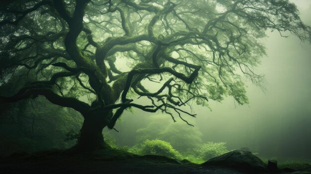 Foto ein foto einer baumsilhouette in einem nebligen wald mit nebligen wäldern als hintergrund