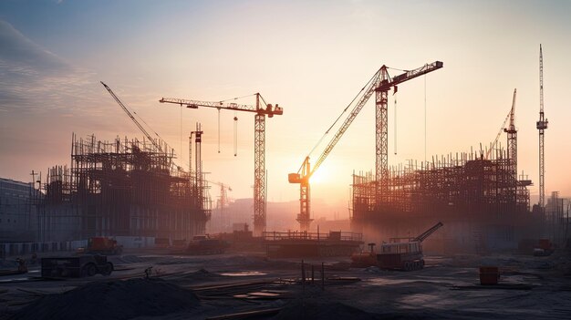 Ein Foto einer Baustelle bei Tagesanbruch mit Kränen und Gerüsten