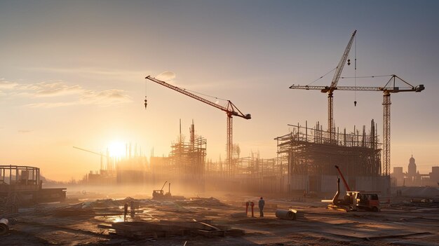 Ein Foto einer Baustelle bei Tagesanbruch mit Kränen und Gerüsten