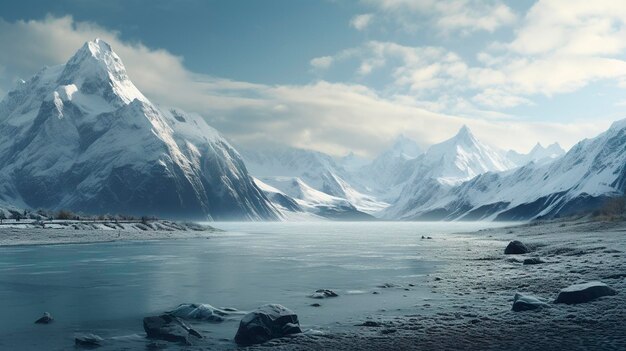 Ein Foto einer Bergkette mit einem teilweise gefrorenen See