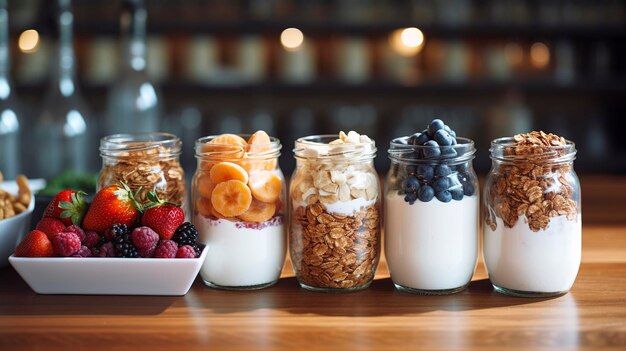 Ein Foto einer Café-Frühstücksbar mit Müsli- und Joghurtoptionen