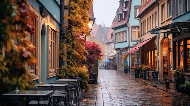 Ein Foto einer charmanten europäischen Straße mit malerischen Geschäften im Hintergrund