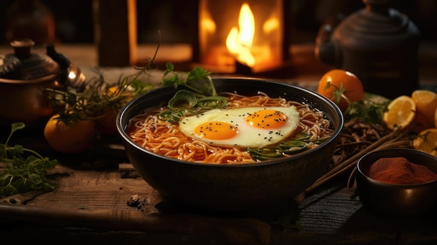 ein Foto einer dampfenden Schüssel mit Ramen, einem hölzernen Zähler und einem weichen Oberlicht