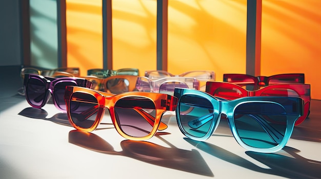 Ein Foto einer Designer-Sonnenbrille-Sammlung mit trendigem städtischen Hintergrund