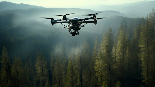 Ein Foto einer Drohne, die über einem Waldgebiet fliegt