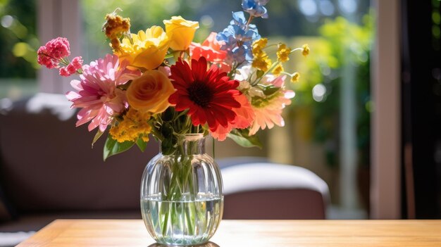 Ein Foto einer durchsichtigen Glasvase mit frischen Blumen und einem Holztisch