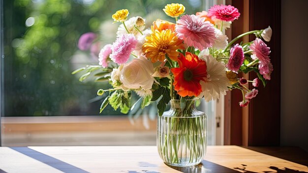Ein Foto einer durchsichtigen Glasvase mit frischen Blumen und einem Holztisch