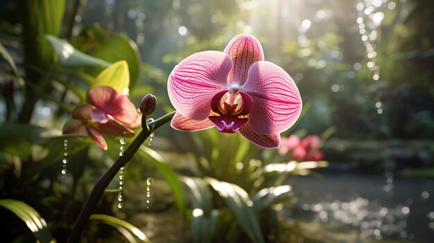 Ein Foto einer einzigen Orchidee in einer tropischen Umgebung