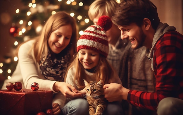 Foto ein foto einer familie, die weihnachten mit einer niedlichen katze feiert