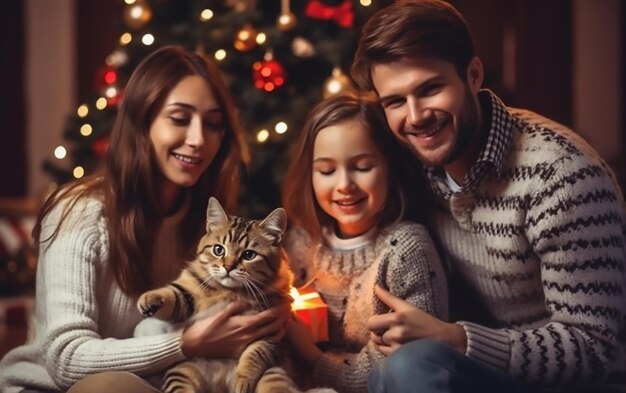 Foto ein foto einer familie, die weihnachten mit einer niedlichen katze feiert