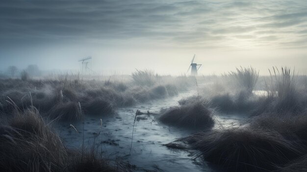 Ein Foto einer Fen-Landschaft mit nebligen Sümpfen und entfernten Windmühlen