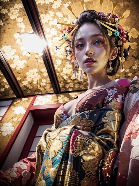 Foto ein foto einer frau, die einen japanischen kimono trägt