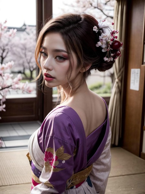 ein Foto einer Frau, die einen japanischen Kimono trägt