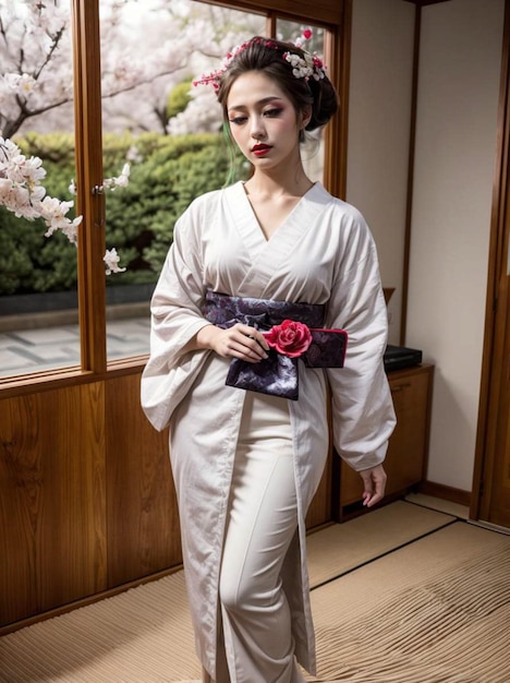 ein Foto einer Frau, die einen japanischen Kimono trägt