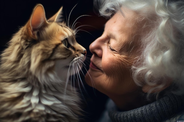 Ein Foto einer Frau, die ihre generative KI-Katze zärtlich küsst und umarmt