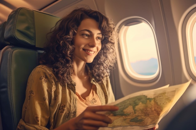 Ein Foto einer Frau in einem Flugzeug, die eine Karte in der Hand hält und ihre Reiseroute für den Urlaub plant. Generative KI