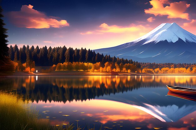 Ein Foto einer friedlichen Naturlandschaft in der Nacht mit einem Bergsee im Hintergrund und weichem Sonnenlicht